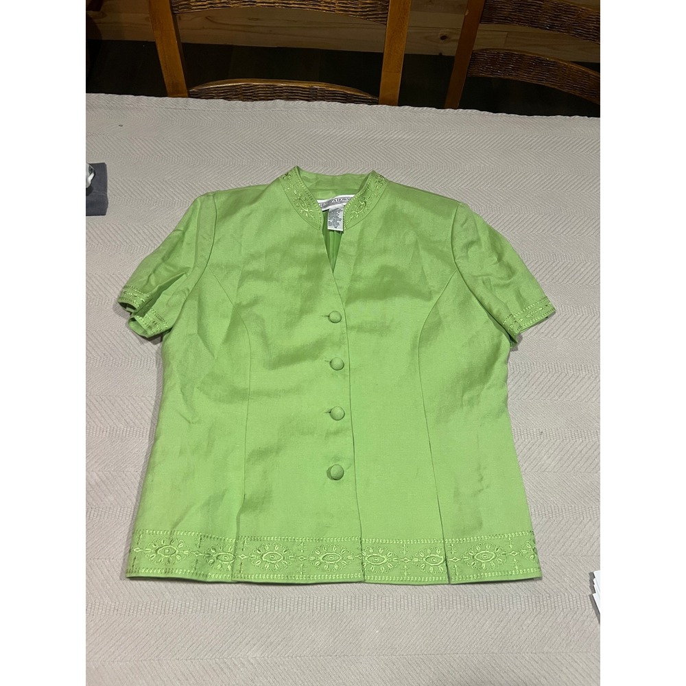 Jessica Howard Green Linen 2 Piece Dress Long Skirt Embroidered Top Women's 14 - Picture 5 of 7